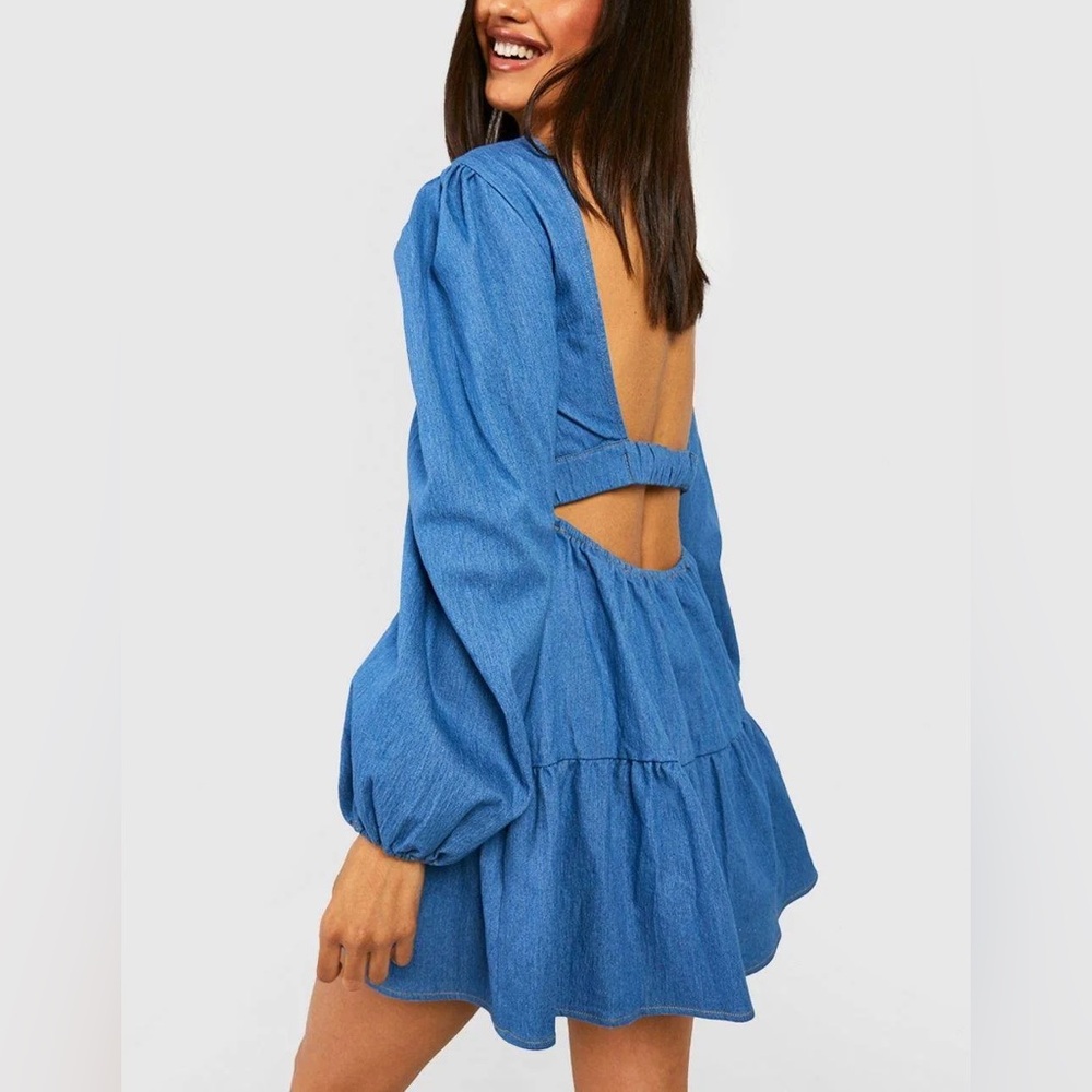 Boohoo Puff Sleeve Backless Chambray Skater Dress size US 6